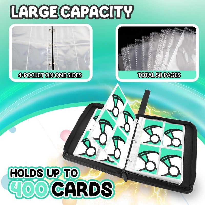 LOYEE Trading Card Binder 4-Pockets, 400 Pockets Card Holder with 50 Removable Sleeves, Large Capacity & Waterproof Zipper Album Holder for Trading Card Collector, Portable Card Album Book for Card-Green - Image 5